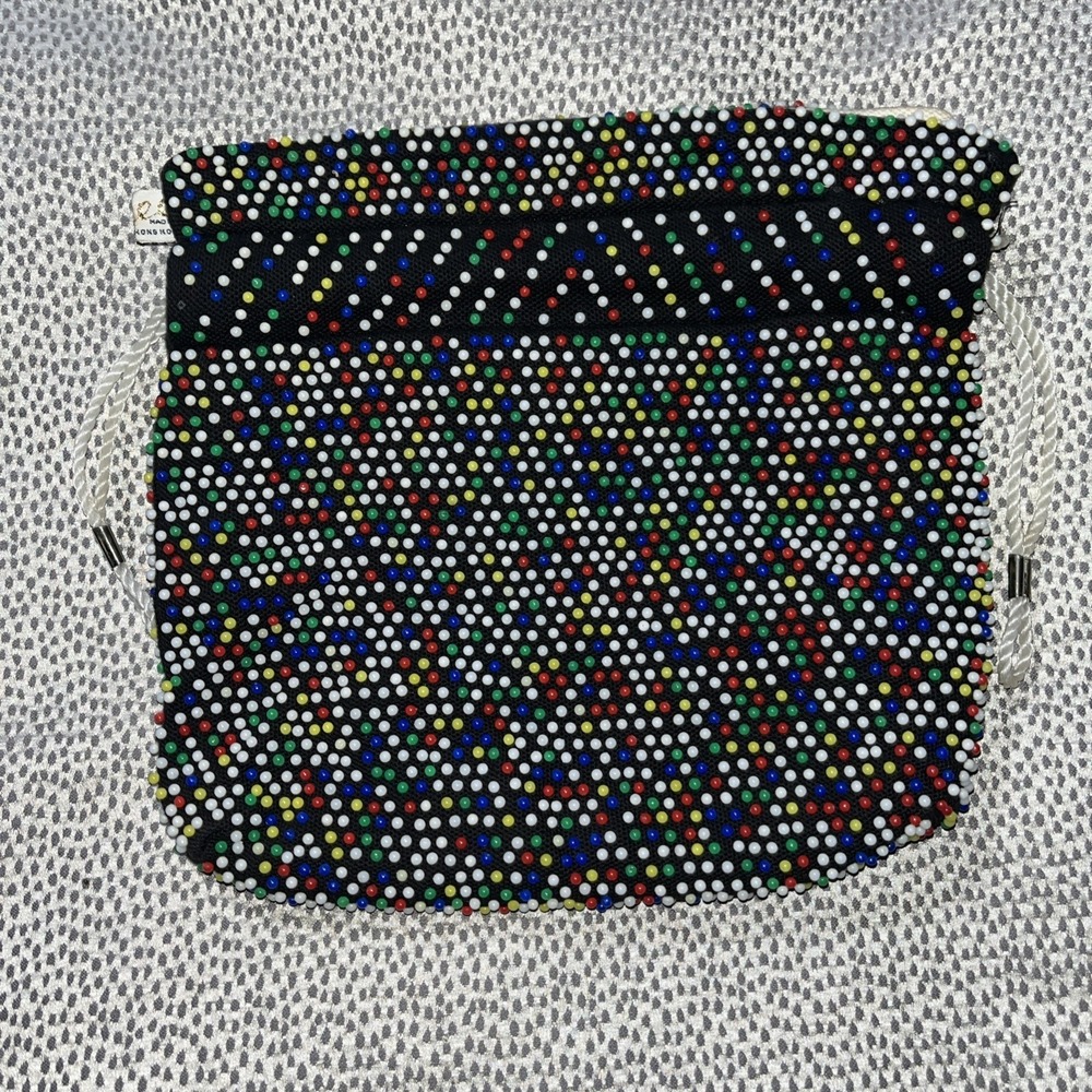 1960's Purse candy dot Vtg reversible Colored beaded white Drawstring eclectic